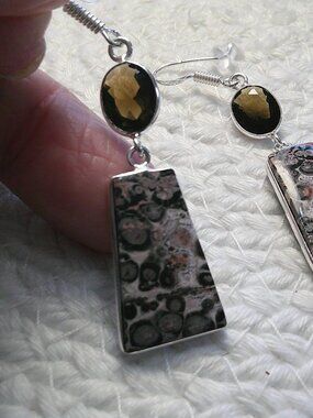 Gorgeous LEOPARD SKIN JASPER & SMOKEY QUARTZ Handmade Sterling 925 Earrings 687E